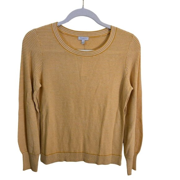 Talbots NWT Petite Mustard White Cotton Blend Crew Neck Logistic Sweater Size Sp - Picture 1 of 7